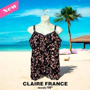 NWOT, Claire France, Plus Size Floral Tankini Top, 3X, Pink, Navy